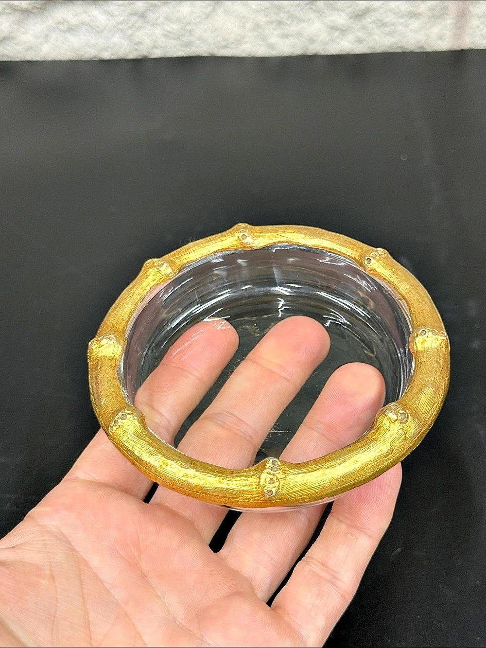 Vintage Style Gold Bamboo Rim Clear Glass Trinket Dish Hollywood Regency 4”